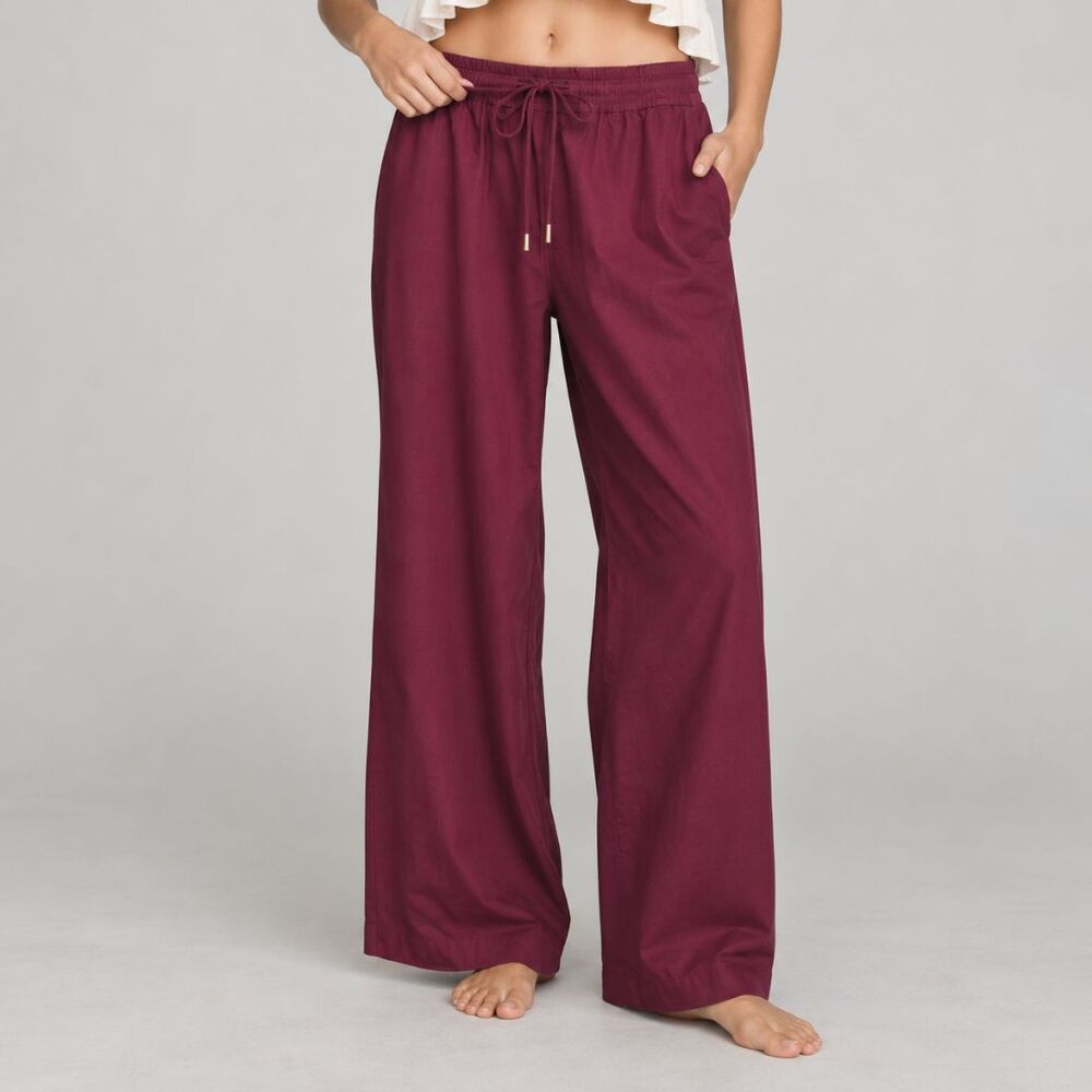 Ann Taylor NWT Petite L Drawstring Wide Leg Satin Pants Purest Plum Burgundy